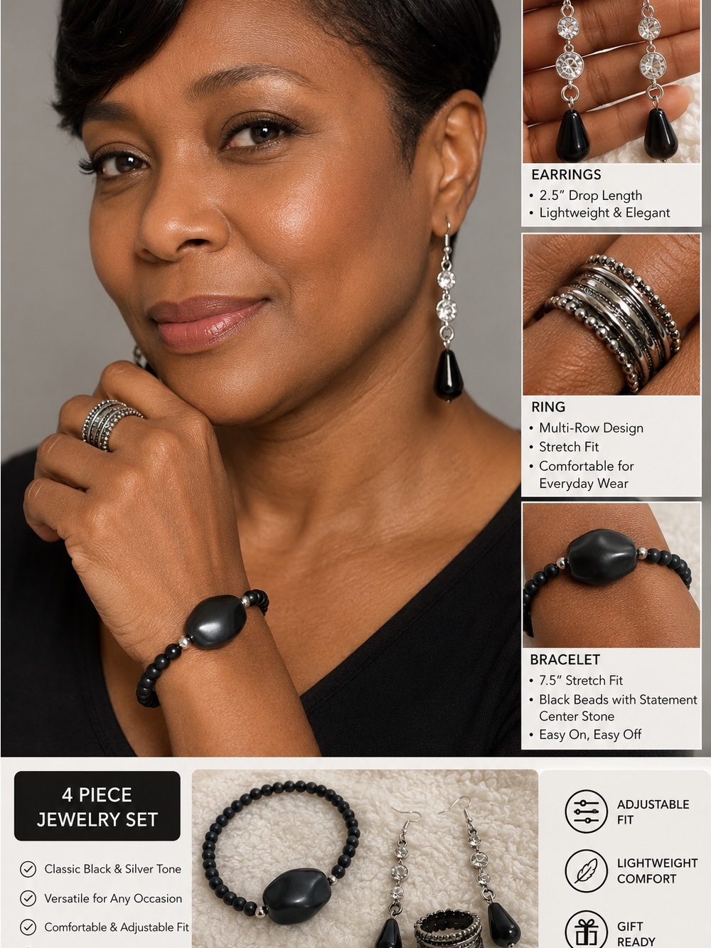 Classic Black 4-Piece Jewelry Set - Earrings, Ring, Bracelet, Beads
